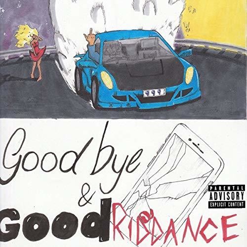 Album cover art for Juice Wrld - Goodbye & Good Riddance featuring a illustration of a car, a phone, and abstract shapes with the artist and album name.