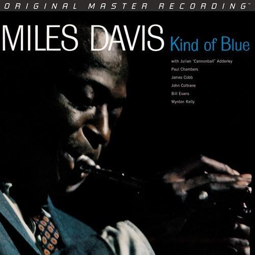Album cover of 'Kind of Blue' by Miles Davis featuring a close-up of the musician playing the saxophone.