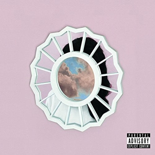 The image displays the vinyl record album cover for "The Divine Feminine" by Miller, Mac. The cover art features a minimalist design with a central, circular image of a cloudy sky within a white, sunburst pattern that extends outward to a solid pink background.