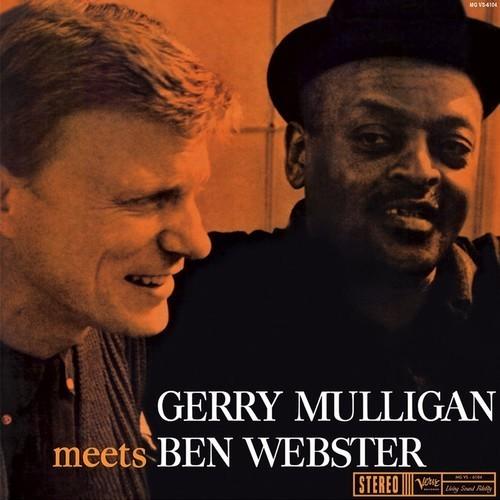 Album cover featuring two men with text 'Gerry Mulligan meets Ben Webster' on a warm-toned background.