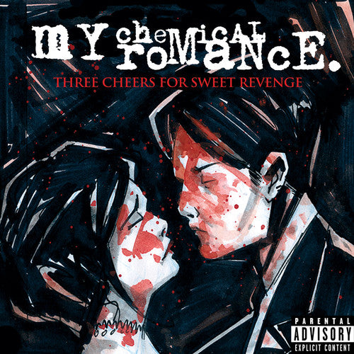 Cover art for 'Three Cheers For Sweet Revenge' album by My Chemical Romance, featuring a black and red comic book style illustration.