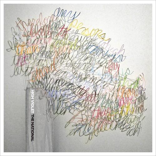 A vinyl record of The National album 'High Violet' with a colorful, intricate line art design on the cover.