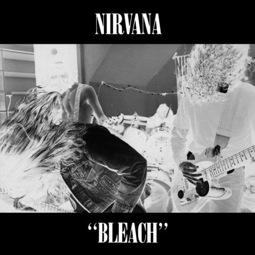 A vinyl record titled 'Nirvana - Bleach' with a black and white photo of the band members on the cover.