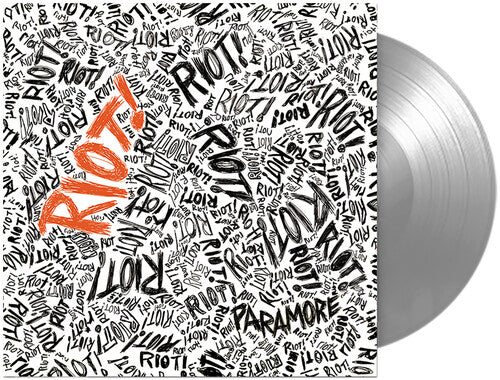 Silver colored vinyl LP record of Paramore's album 'Riot!' with a text-based cover design.