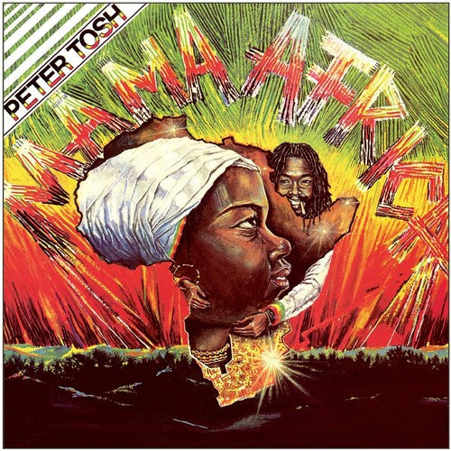 The cover art for the vinyl record 'Mama Africa' by Peter Tosh features a stylized illustration of a female figure with a bandana and a necklace, set against a vibrant, multicolored background with the title 'PETER TOSH' at the top.