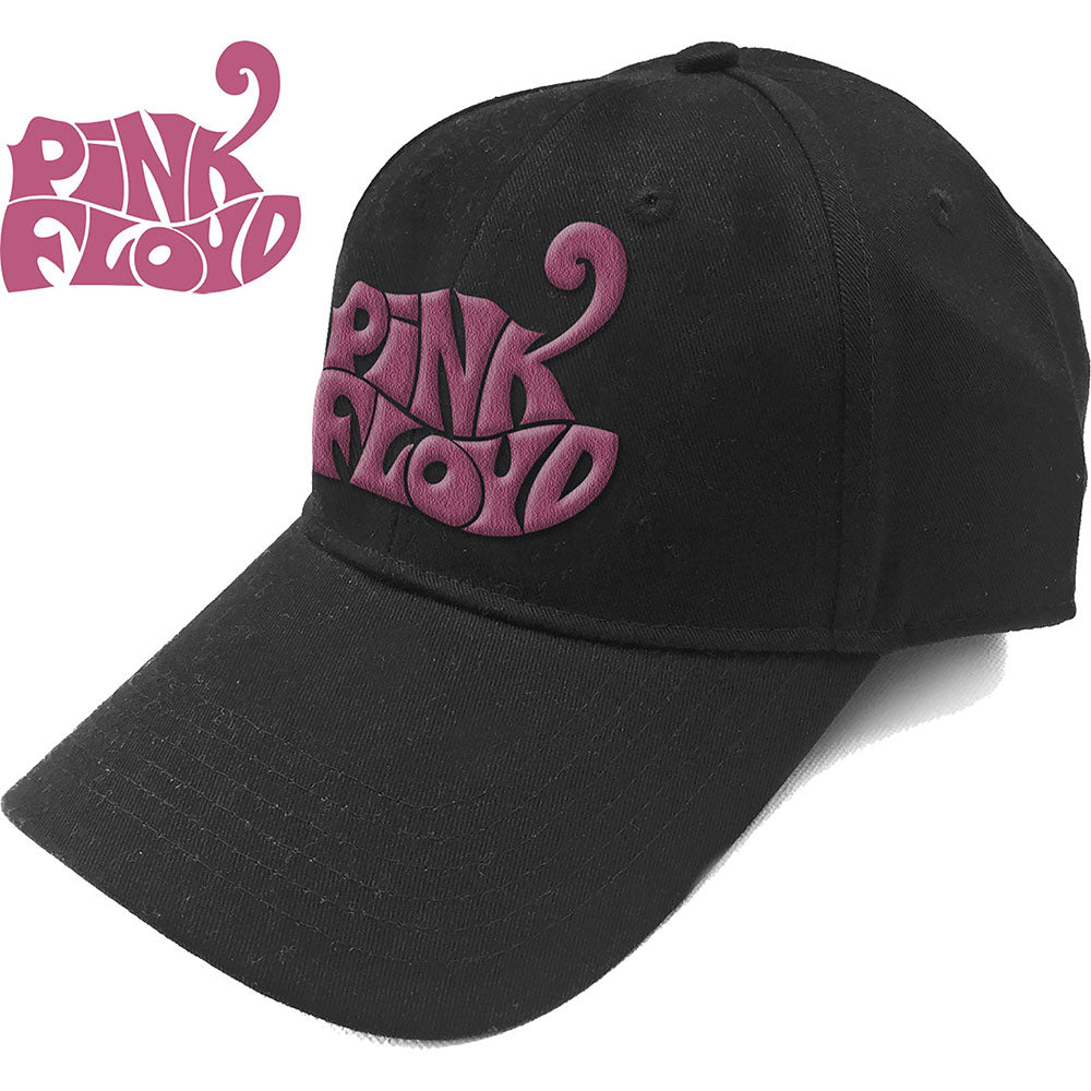 A black baseball cap with the Pink Floyd band logo embroidered in pink and purple on the front.