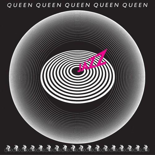 A vinyl record cover for Queen's Jazz album featuring a white and black geometric pattern with the band's name and album title text.