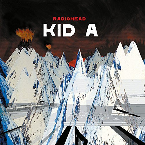 Album cover for Radiohead's Kid A featuring a stylized mountain range with a dramatic sky.