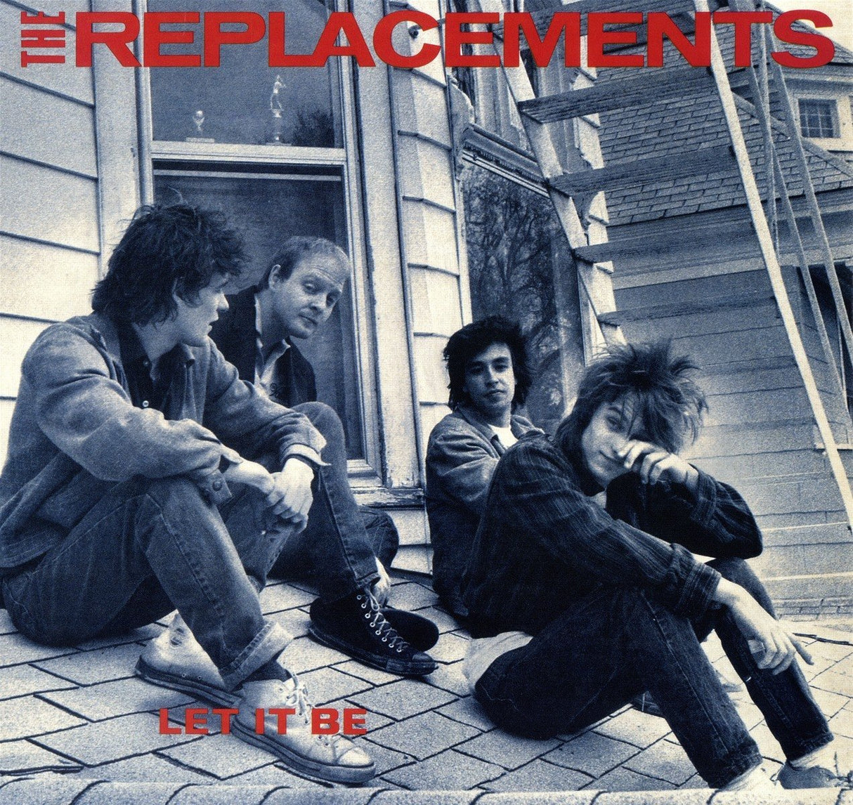 The image features the album cover of "Let It Be" by The Replacements. The cover depicts three members of the band seated on a porch, with a fourth member standing.