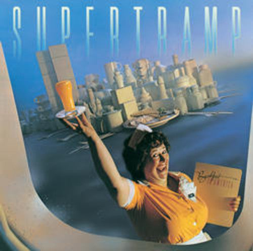 cover featuring a waitress holding a tray with an orange drink overlooking a large city