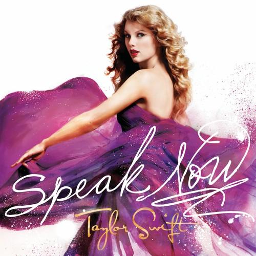 Taylor Swift album 'Speak Now' cover art featuring Taylor Swift in a purple dress with a dynamic pose.
