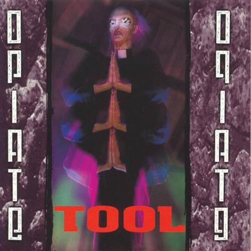 Album cover of Tool - Opiate featuring a figure in a robe with hands clasped in prayer against a purple and pink background.