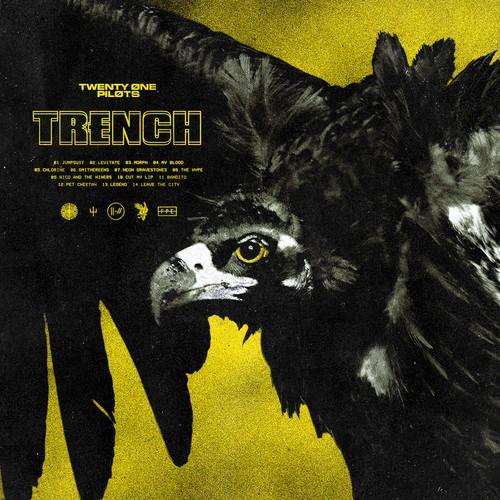 Cover art for Twenty One Pilots album 'Trench' featuring a black and yellow image of an eagle with a predatory expression.