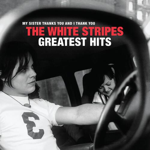 Album cover of 'The White Stripes Greatest Hits' featuring a black and white photograph of Jack and Meg White in a car, with the title text overlaid.