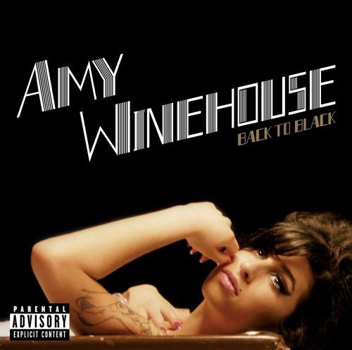 This image features the album cover of "Back to Black" by Amy Winehouse, a new vinyl record edition. The cover art displays a striking photograph of Amy Winehouse, with a dark, moody aesthetic.