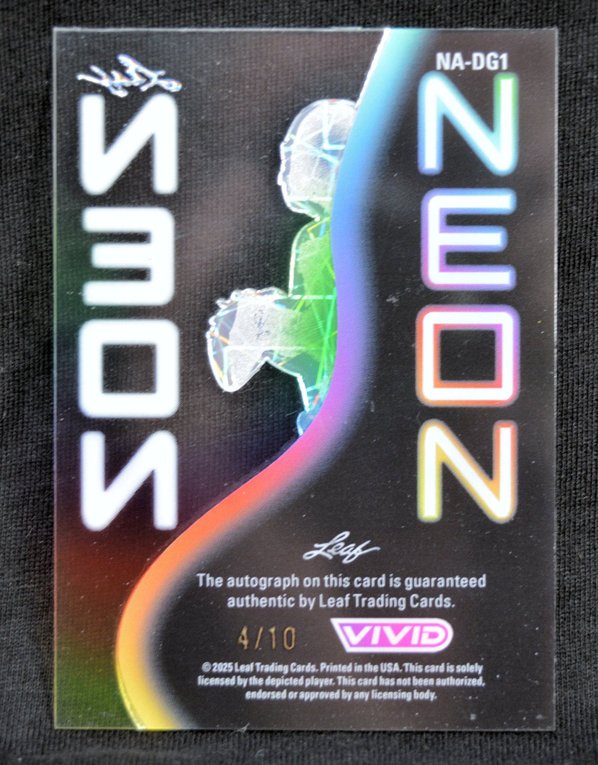 Back of Dillon Gabriel Leaf Vivid Neon autograph trading card showing 4/10 serial number