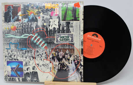 Vinyl record with a colorful cover featuring text and images, on a white background.
