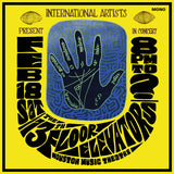 Album cover with blue hand illustration and text on a yellow background