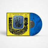 Vinyl record with blue marbled design and yellow cover featuring text and graphics.