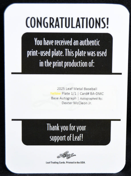 Back of 2025 Leaf Metal Baseball Yellow Printing Plate 1/1 for Dexter McCleon Jr.