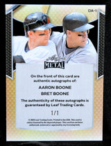 Back of Leaf Metal card verifying authentic dual autographs of Aaron Boone and Bret Boone, marked as one-of-one