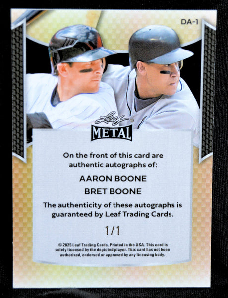 Back of Leaf Metal card verifying authentic dual autographs of Aaron Boone and Bret Boone, marked as one-of-one