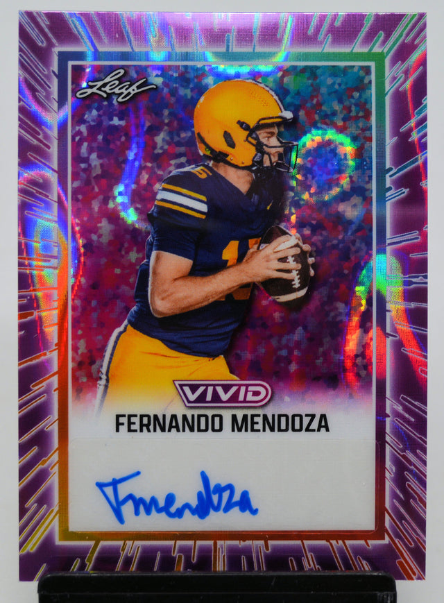 Football trading card of Fernando Mendoza with autograph signature, colorful border and Vivid logo