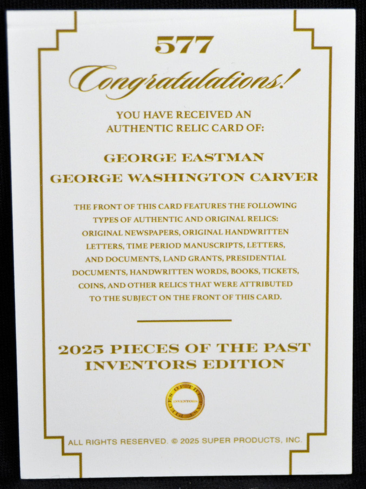 Congratulations insert card for 2025 Pieces of the Past Inventors Edition, featuring George Eastman & George Washington Carver relic details