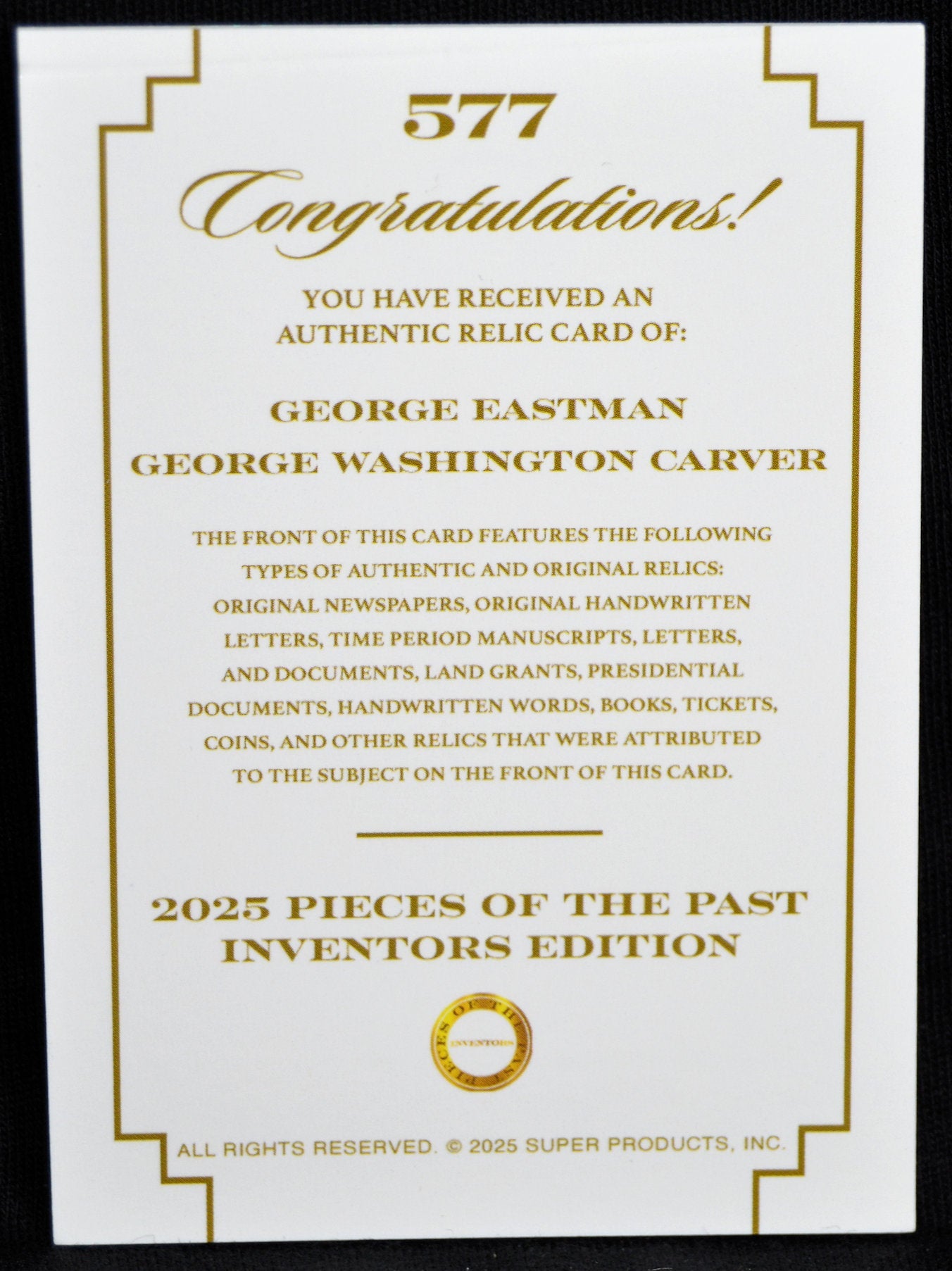 Congratulations insert card for 2025 Pieces of the Past Inventors Edition, featuring George Eastman & George Washington Carver relic details
