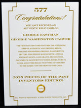 Congratulations insert card for 2025 Pieces of the Past Inventors Edition, featuring George Eastman & George Washington Carver relic details
