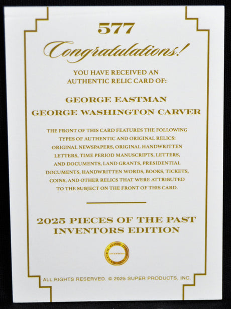 Congratulations insert card for 2025 Pieces of the Past Inventors Edition, featuring George Eastman & George Washington Carver relic details