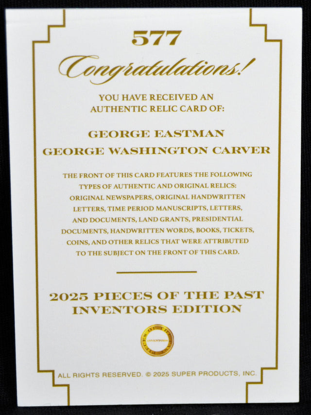 Congratulations insert card for 2025 Pieces of the Past Inventors Edition, featuring George Eastman & George Washington Carver relic details