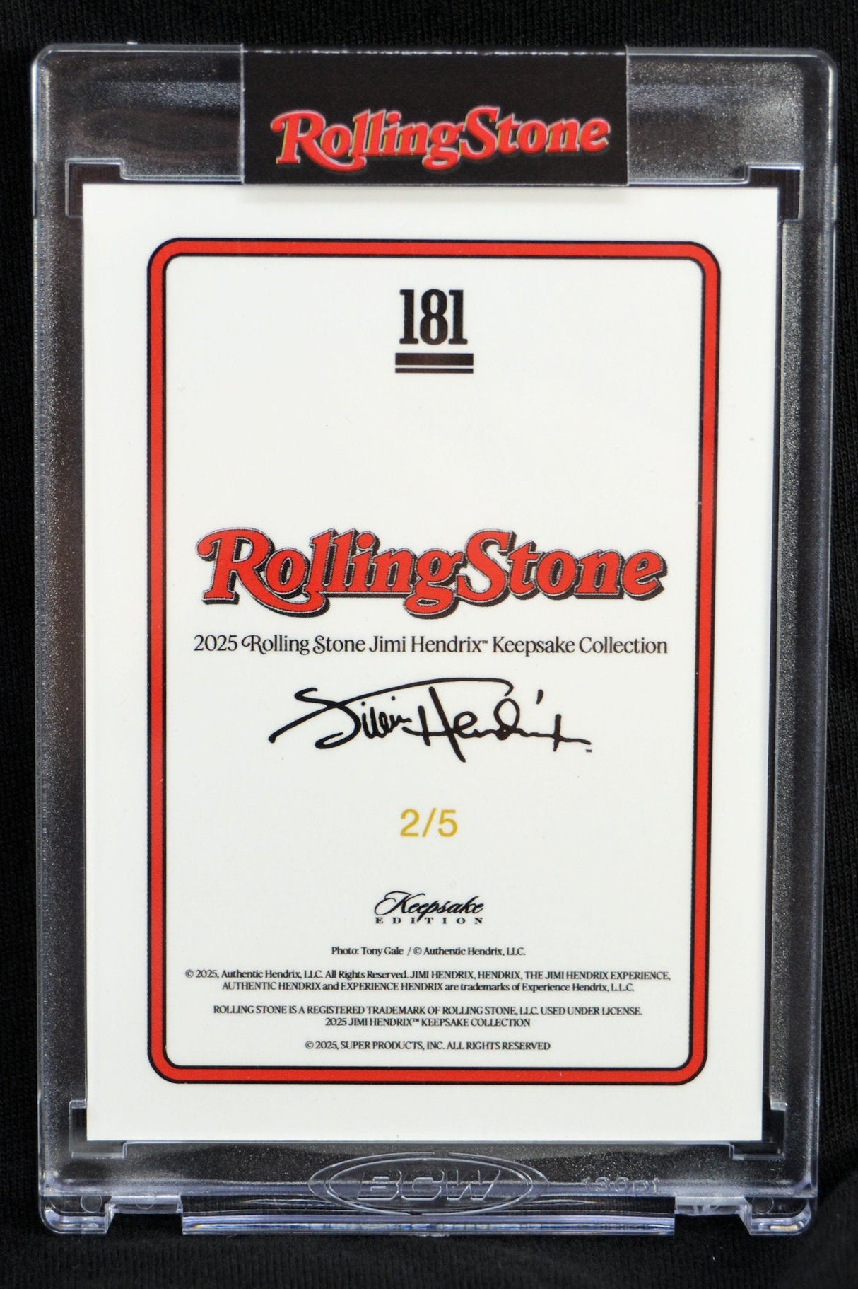 Back of limited edition 2025 Rolling Stone Jimi Hendrix Keepsake Collection card, numbered and signed