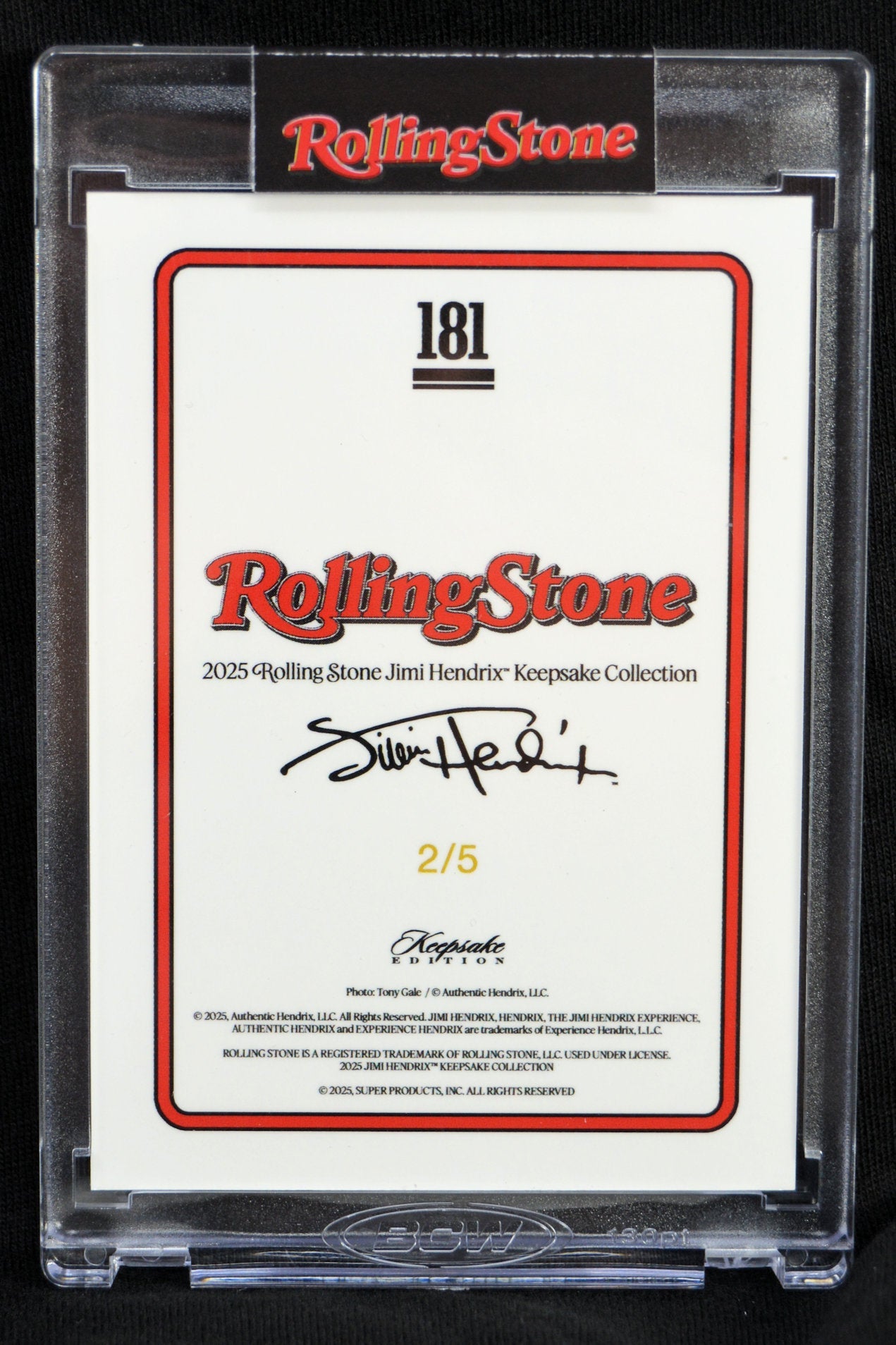 Back of limited edition 2025 Rolling Stone Jimi Hendrix Keepsake Collection card, numbered and signed