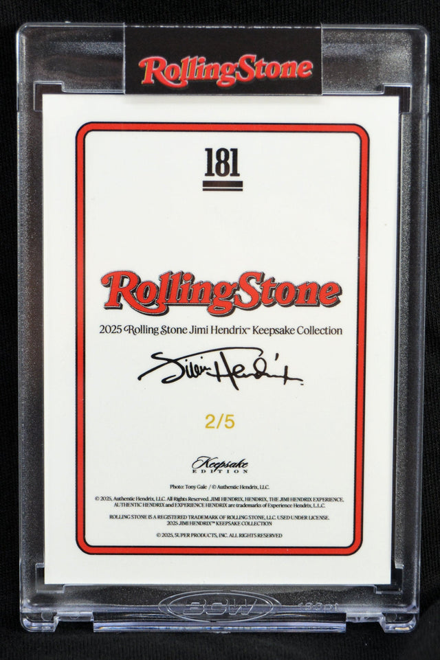 Back of limited edition 2025 Rolling Stone Jimi Hendrix Keepsake Collection card, numbered and signed