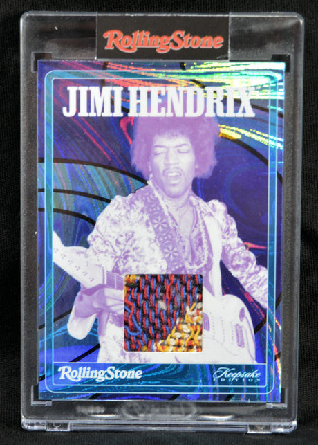 Front of 2025 Rolling Stone Jimi Hendrix Keepsake Card featuring colorful memorabilia patch and vibrant portrait artwork