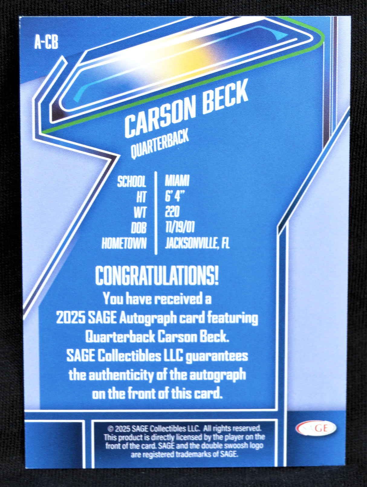 Carson Beck - Autograph #'d 2026 Sage