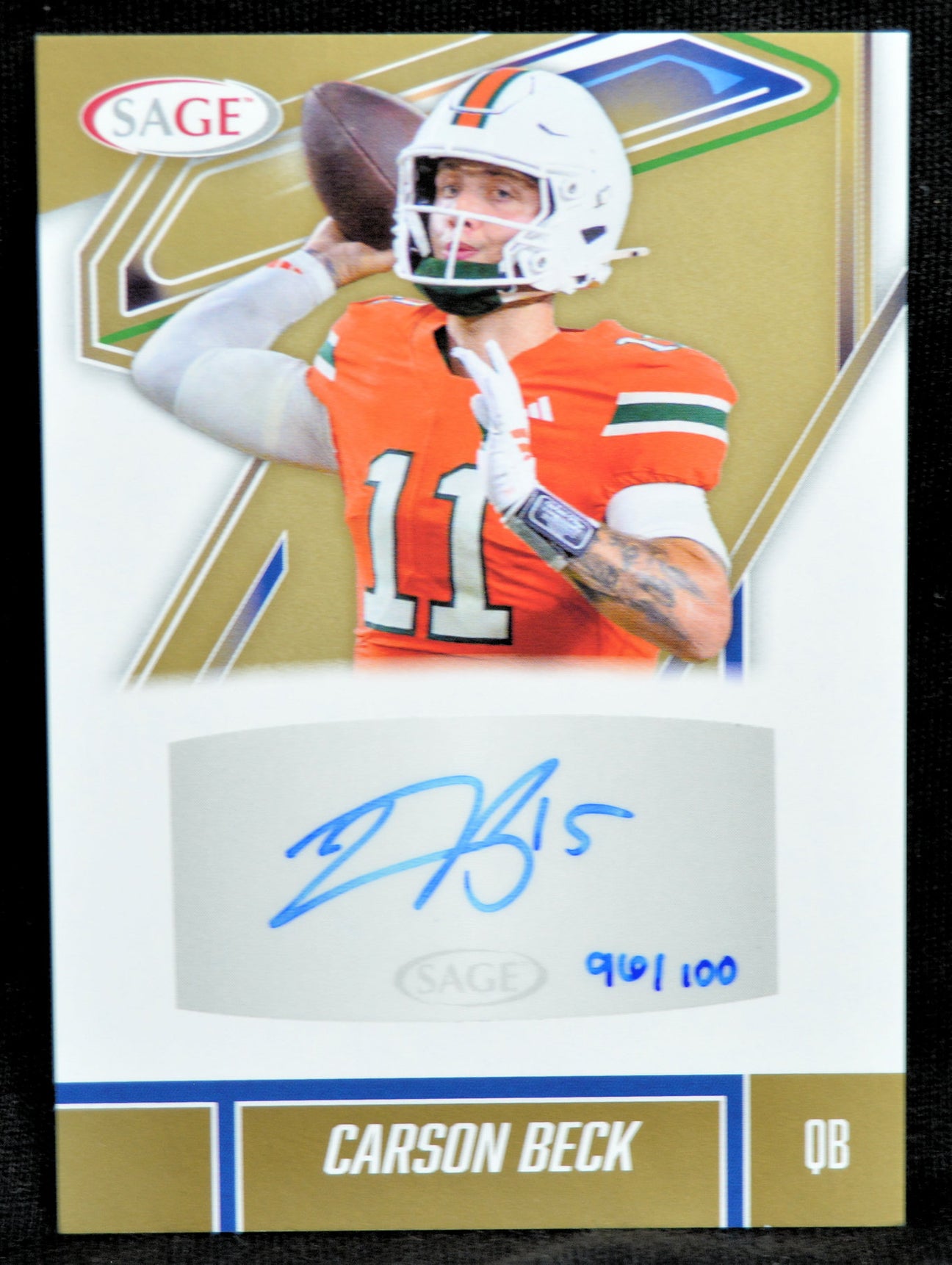 Football trading card of Carson Beck with autograph and number 11 on a gold and white background and numbered 96/100.