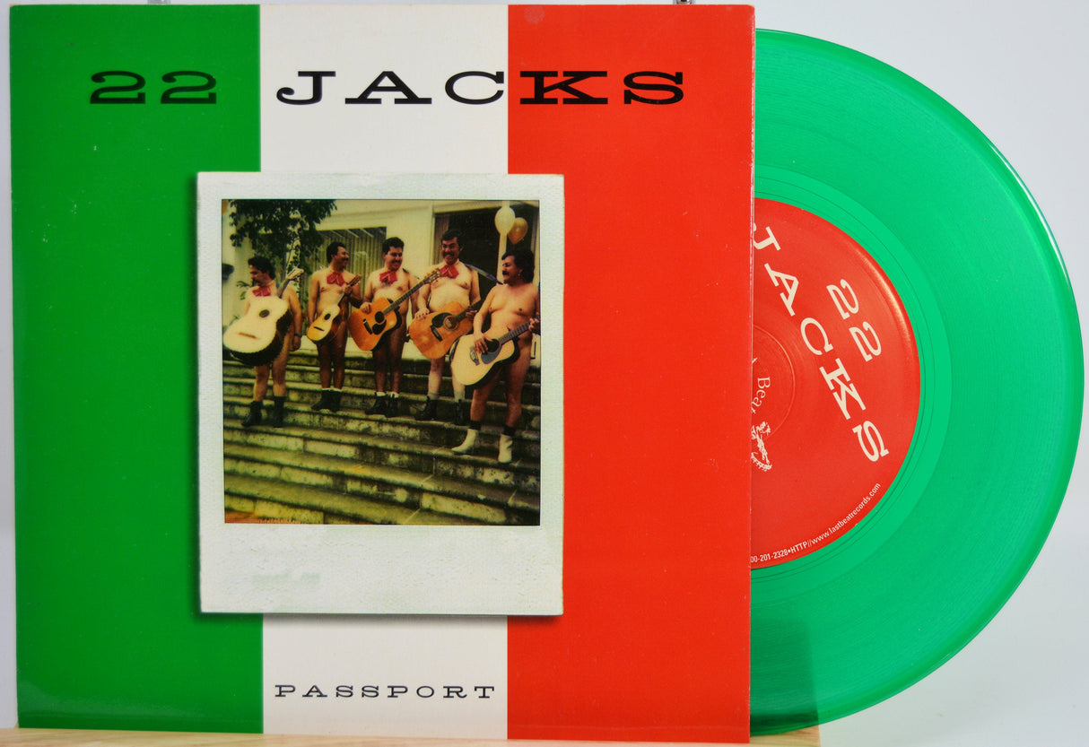 22 Jacks 'Passport' green vinyl single with humorous shirtless band photo cover