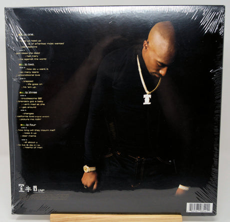 Back cover of 2Pac Greatest Hits vinyl LP showing tracklist and 2Pac in black attire with gold jewelry
