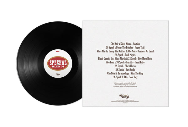 Vinyl record with a label and tracklist on a white background