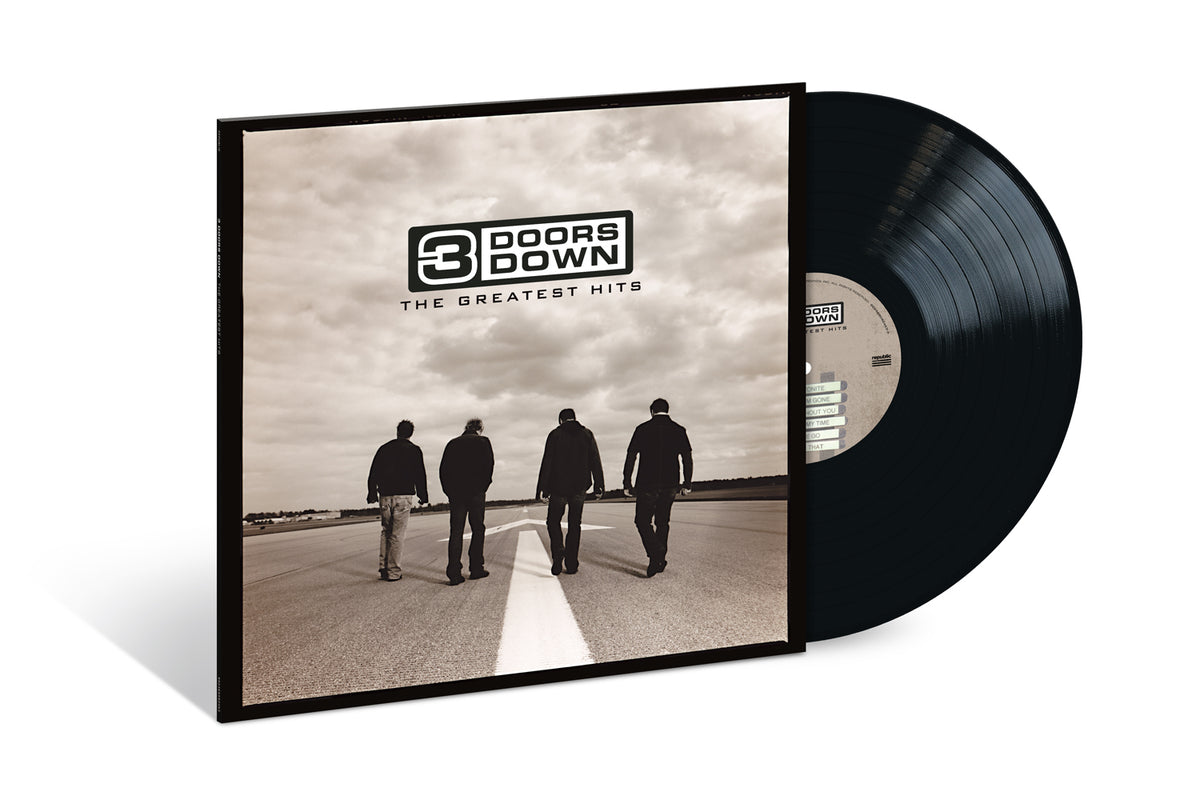 Vinyl record album of 3 Doors Down - Greatest Hits with the band's logo and members silhouetted against a road backdrop on the cover.