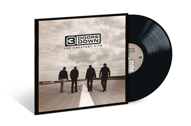 Vinyl record album of 3 Doors Down - Greatest Hits with the band's logo and members silhouetted against a road backdrop on the cover.