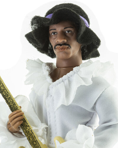 Action figure of a person in historical attire with a hat and white outfit, holding a guitar.