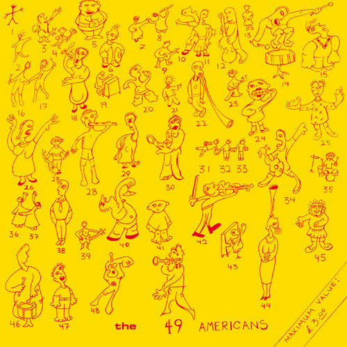 Illustrations of 'The 49 Americans' on a yellow background