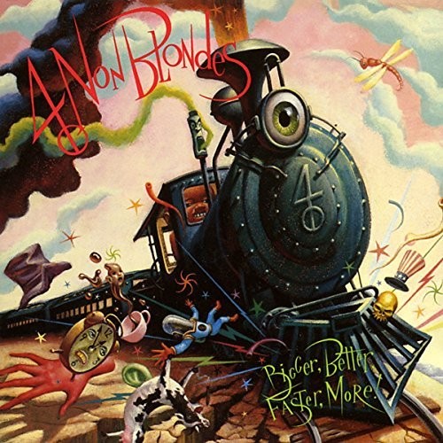 Album cover art for 4 Non Blondes featuring a colorful illustration of a steam train, characters, and abstract designs.