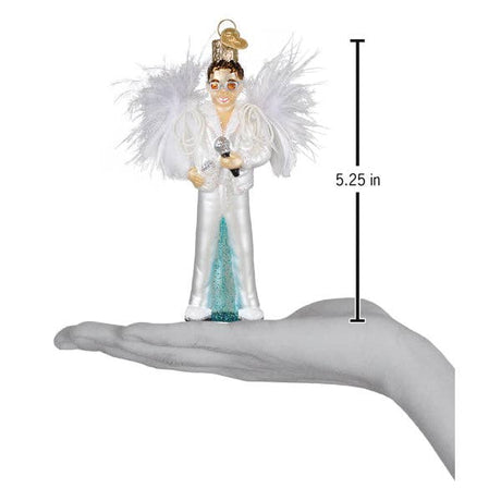Hand holding a 5.25-inch glam rock singer ornament with white feathered wings