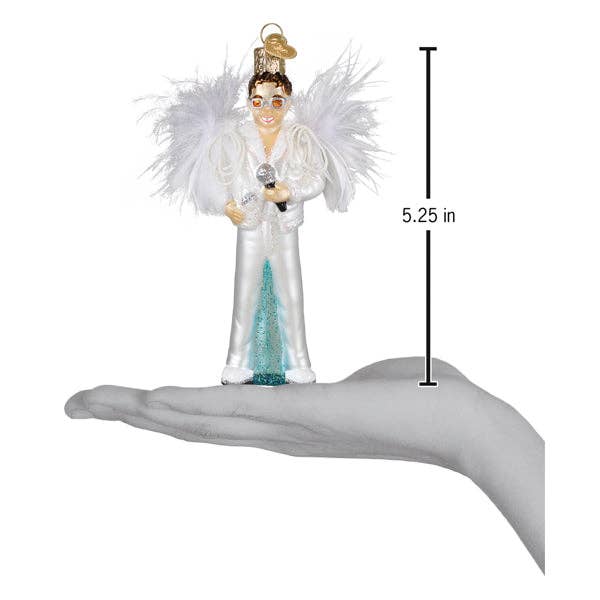 Hand holding a 5.25-inch glam rock singer ornament with white feathered wings