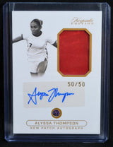 Front of Alyssa Thompson Gem Patch Autograph card with red relic, signature, and 50/50 serial number