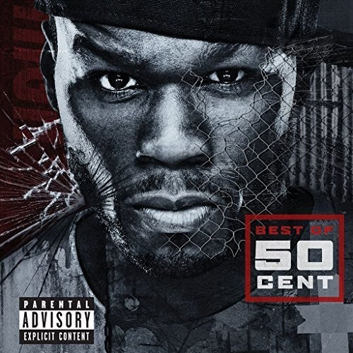 Album cover for 50 Cent - Best Of featuring a black and white image of 50 Cent with a background of red and gray text and patterns.